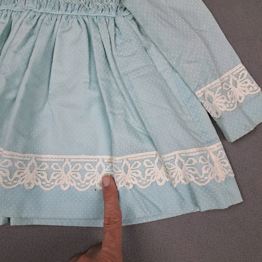 Vintage Handmade Girls Dress Size 4-5 Blue White Lace‎ Trimmed Polka Dot 50s 60s - Picture 9 of 15